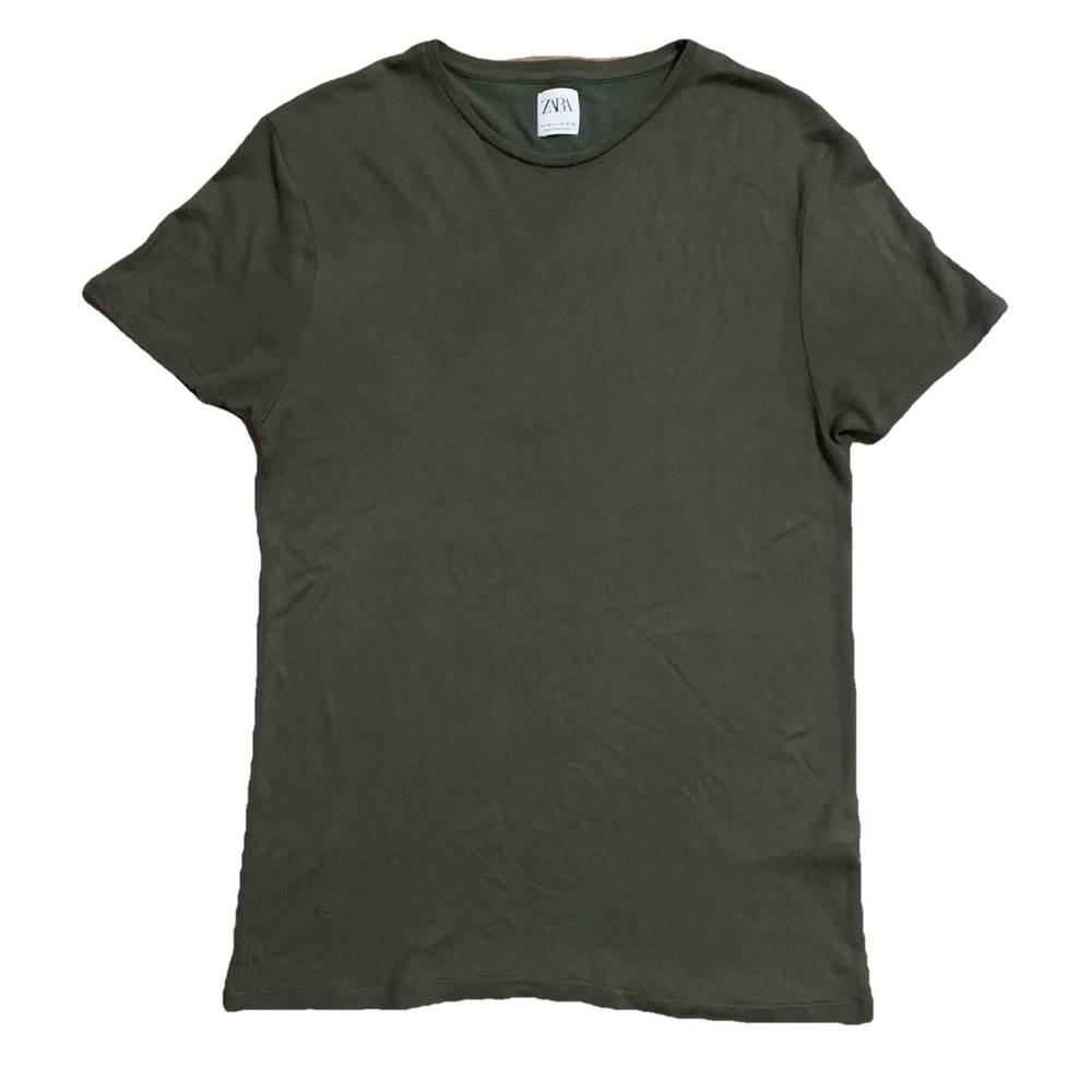 ZARA Shirt Mens XL Short Sleeve Soft Knit Blend Green Slim Fit‎ Casual Stretch